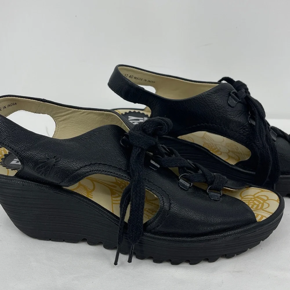 FLY LONDON SIZE 40 Black Women's Wedge Sandals Lace up OPEN TOE MADE IN INDIA